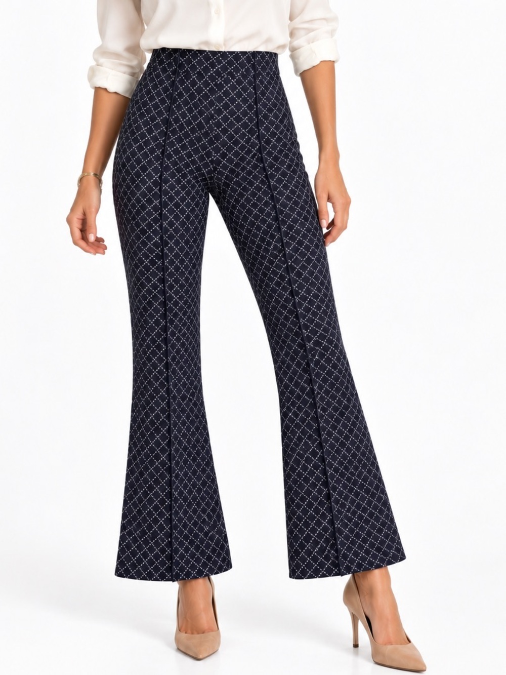 Anthropologie MARGOT Diamond-Print Kick Flare Pants navy and white